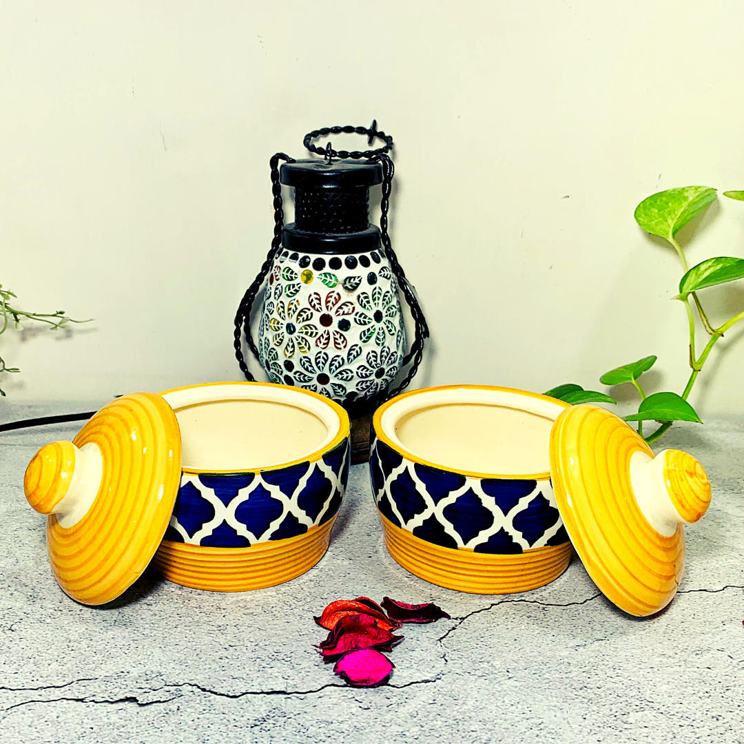 Homefrills Handpainted Multi-Utility Storage Ceramic Jars & Containers with Lid for Kitchen& Dining Table Storage Snacks/butter Jar Set of 2(2 jars with Lid )Colour-Yellow/Capacity-Approx 350 Ml each.